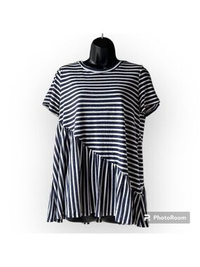 Hayden Los Angeles Navy and White Striped Ruffled Angular Peplum Oversized Small